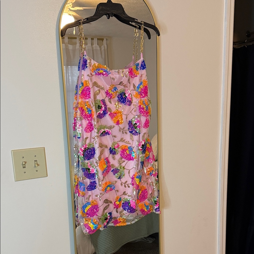 Sequin Floral Slip Dress in Pastel Pink